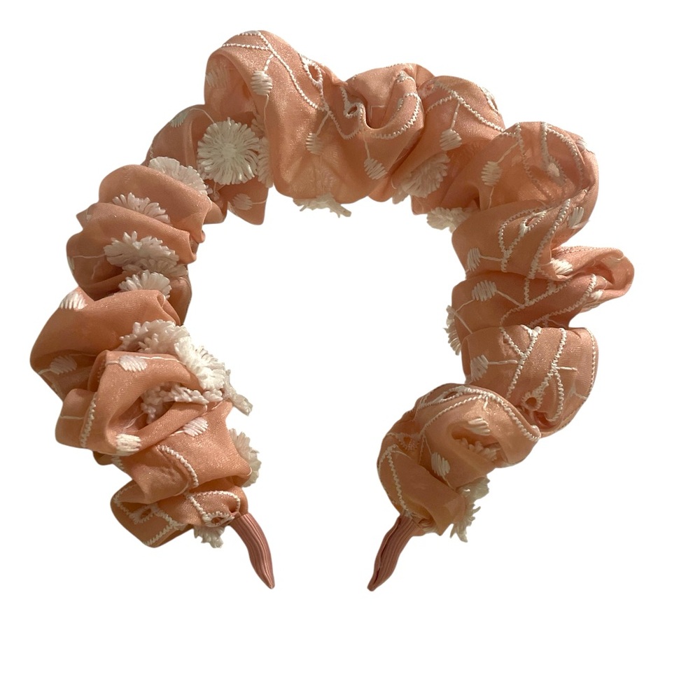 Anthropologie Kendra Scrunched pink white eyelet headband knot style summer